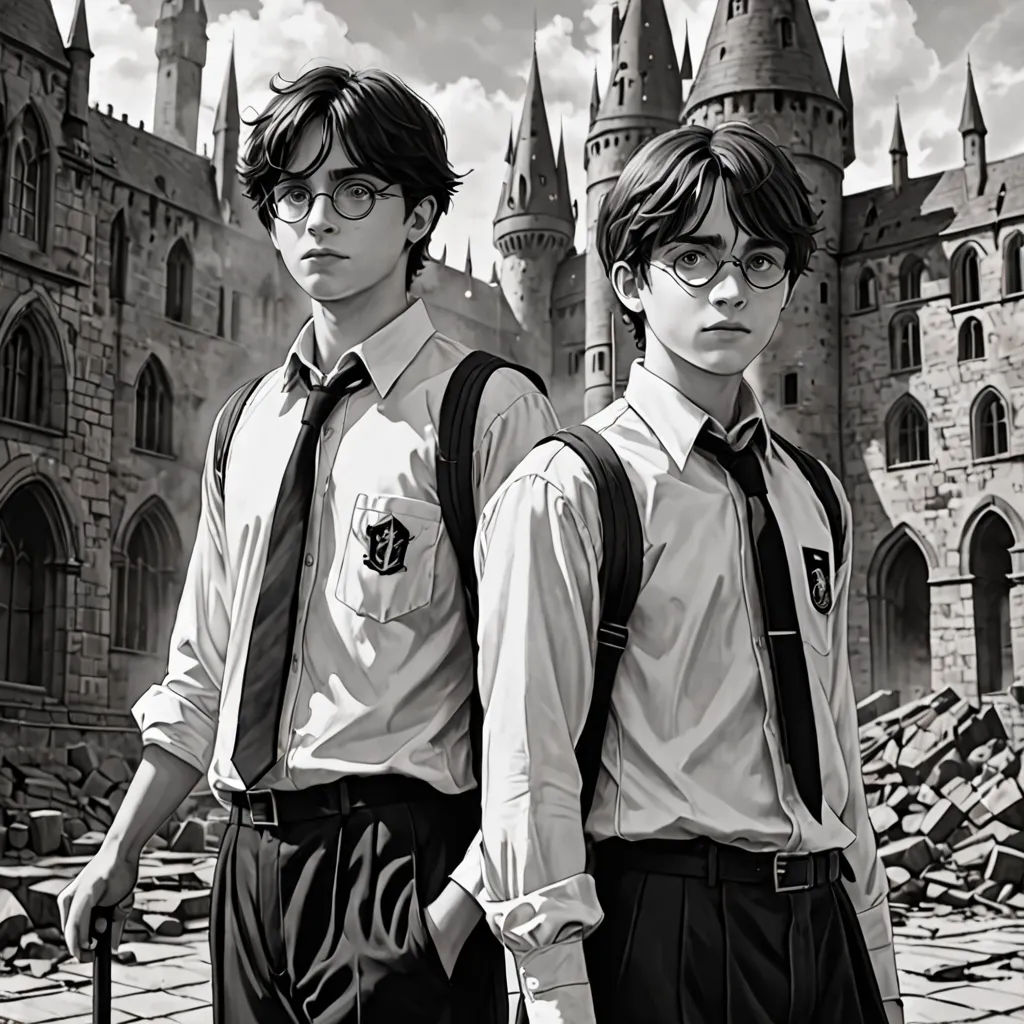 two young men standing next to each other in front of a castle with a clock tower on it's side, poster art, official art, sots art, Artgerm