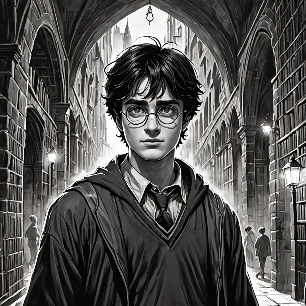 a drawing of harry potter in a library with bookshelves and a harry potter hat on his head, poster art, official art, magical realism, Drew Struzan