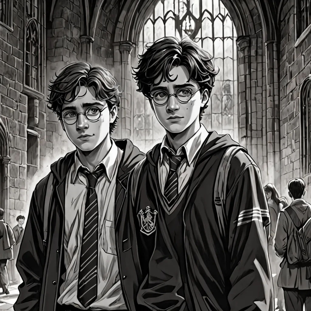 a couple of people standing next to each other in a building with a stained glass window behind them and a harry potter poster, poster art, official art, sots art, Diego Gisbert Llorens