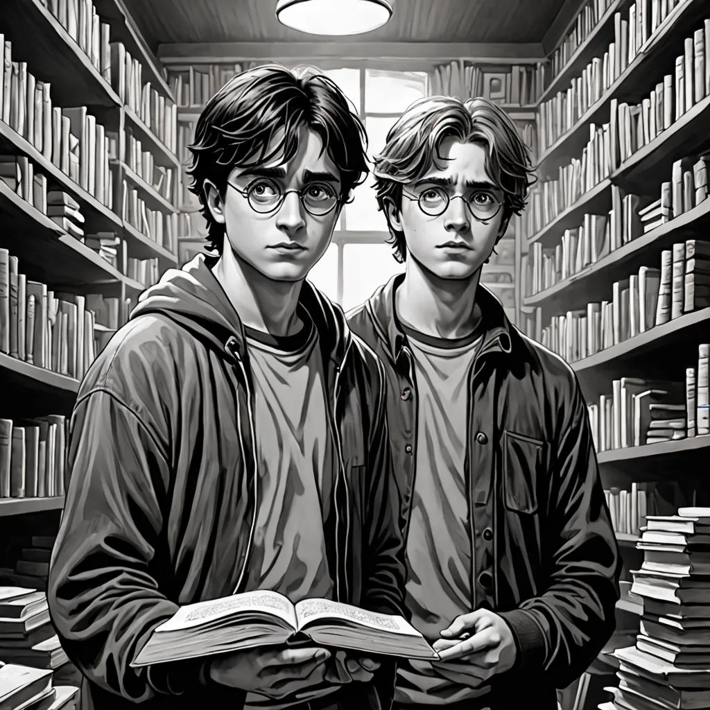 two men standing in a library with a book in their hands and a book in their hands, with bookshelves in the background, poster art, official art, shock art, Brothers Hildebrandt