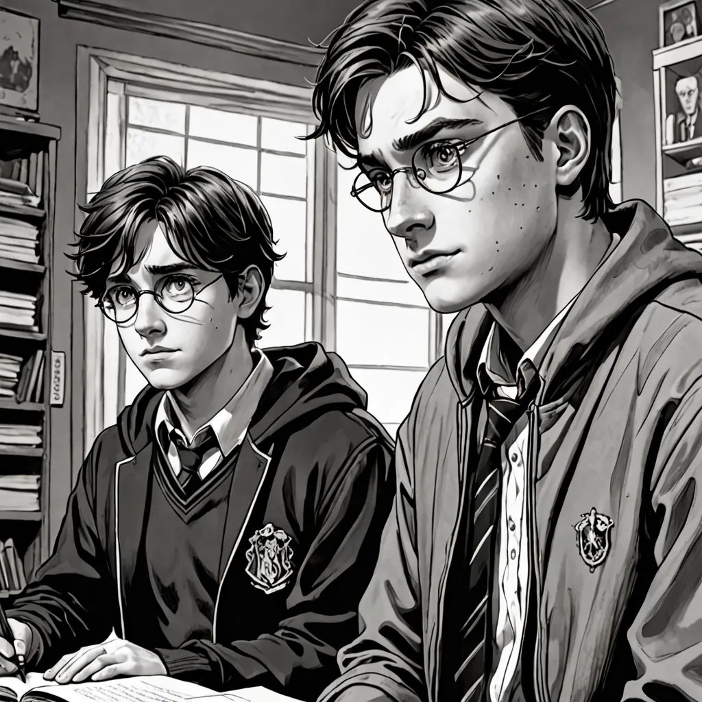 a black and white drawing of two young men sitting at a desk with a book and a pen in their hands, a comic book panel, official art, academic art, Brothers Hildebrandt
