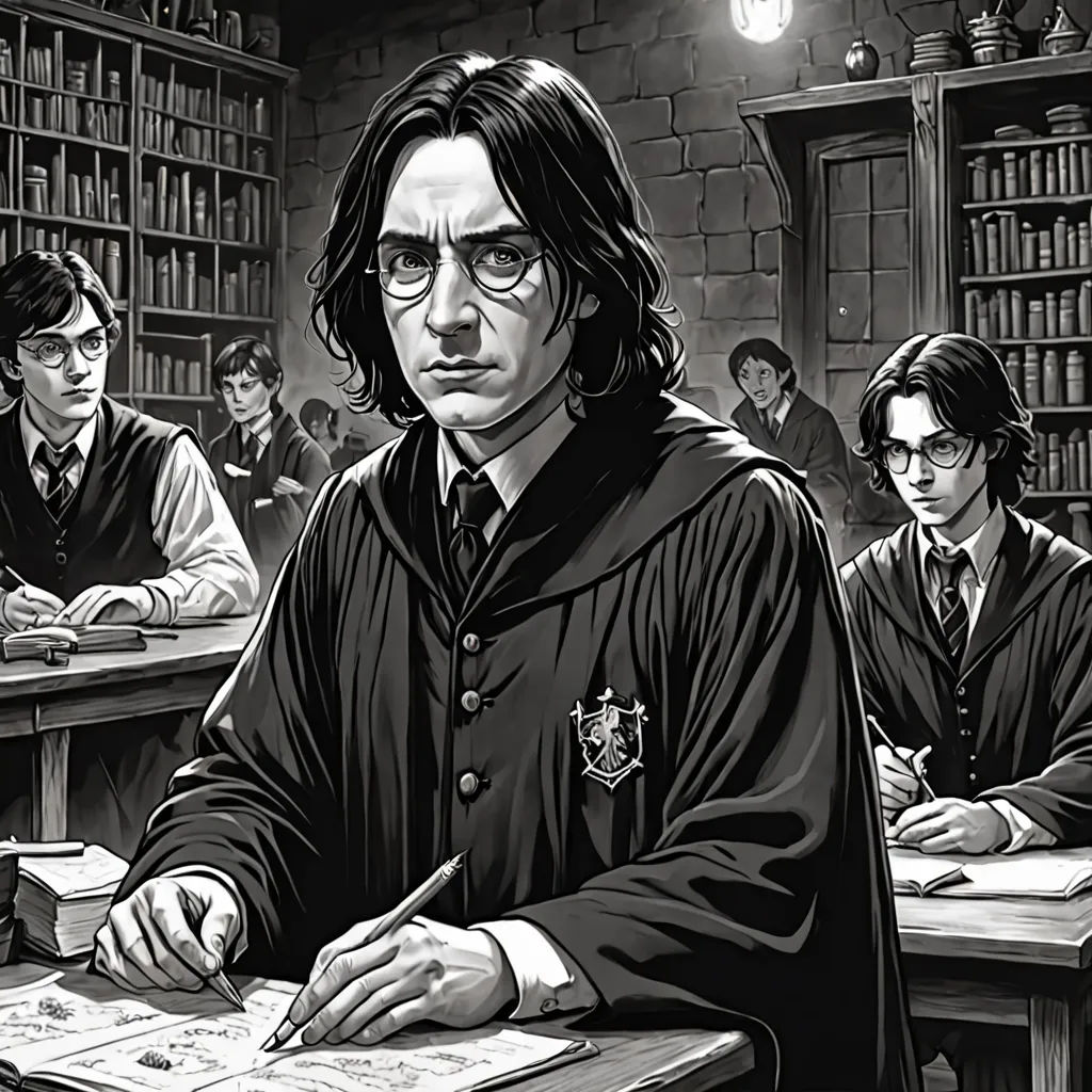a black and white drawing of harry potter in a library with his students writing on paper and a book, a comic book panel, official art, fantasy art, Dean Roger