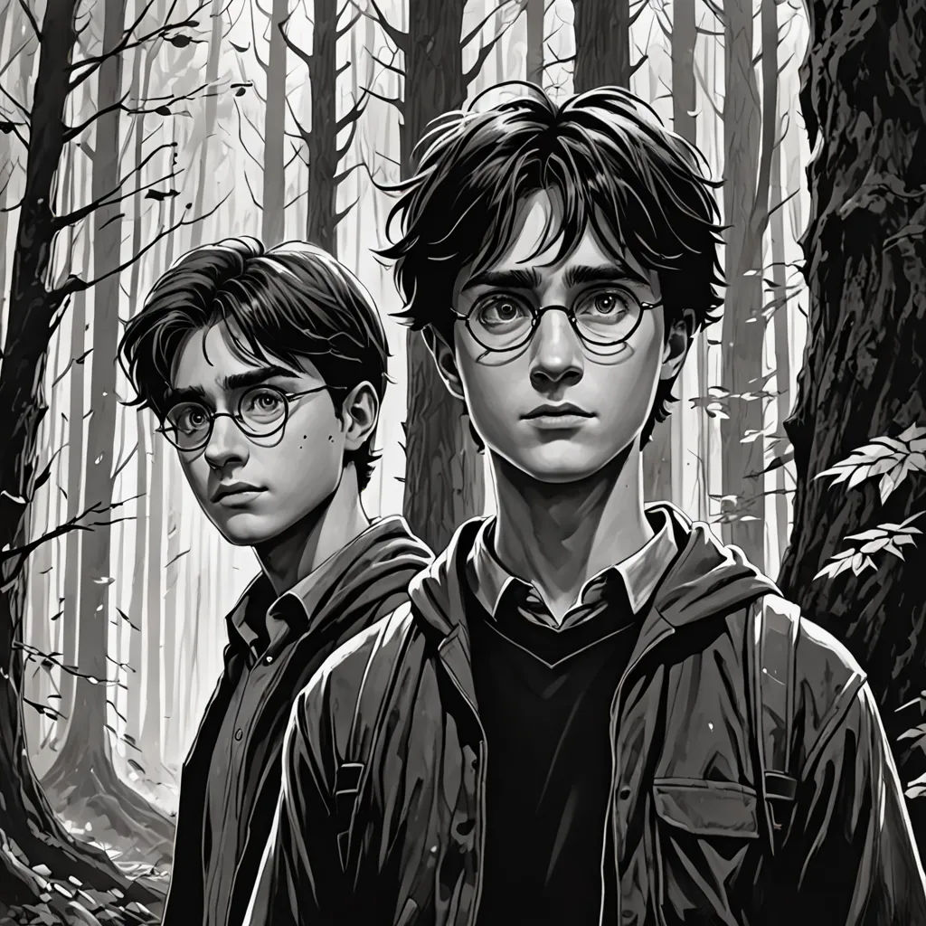 a couple of people standing in a forest next to each other with glasses on their faces and one person with glasses on his head, poster art, official art, sots art, Dan Mumford