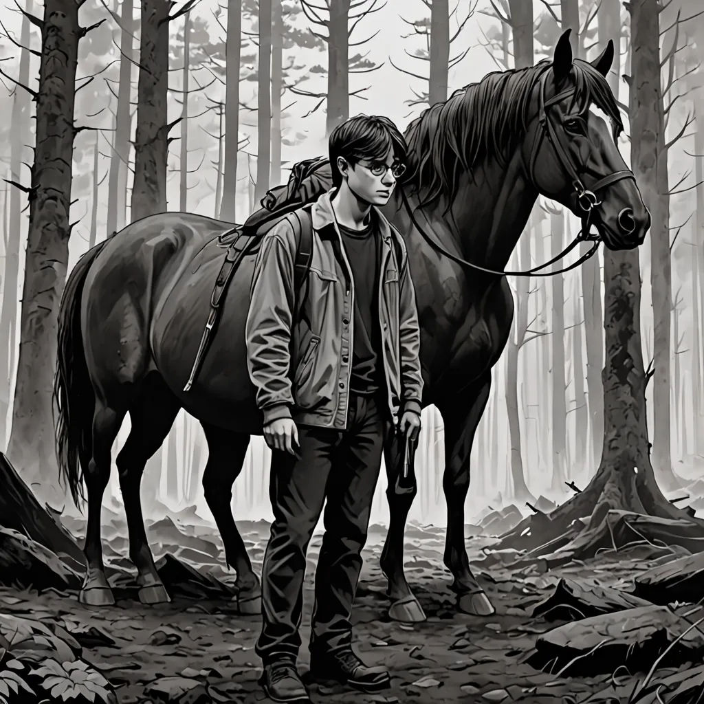 a man standing next to a horse in a forest with trees in the background and a forest floor covered with leaves, poster art, official art, magical realism, Diego Gisbert Llorens