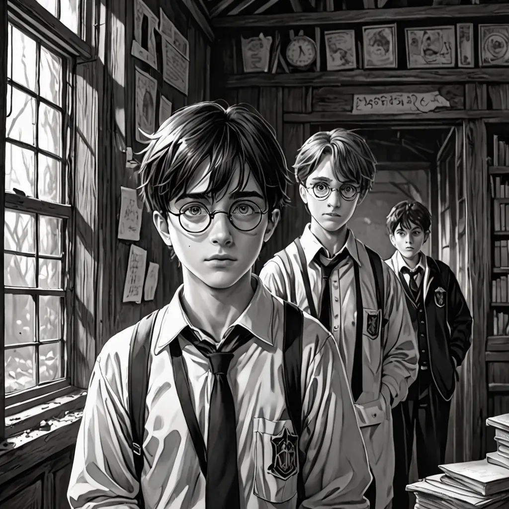 a black and white photo of a boy in a library with two other boys in the background and a book shelf full of books, a storybook illustration, official art, magic realism, Diego Gisbert Llorens