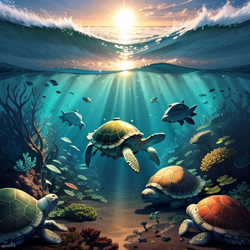 a painting of a turtle swimming in the ocean with other turtles and other animals around it, under the water