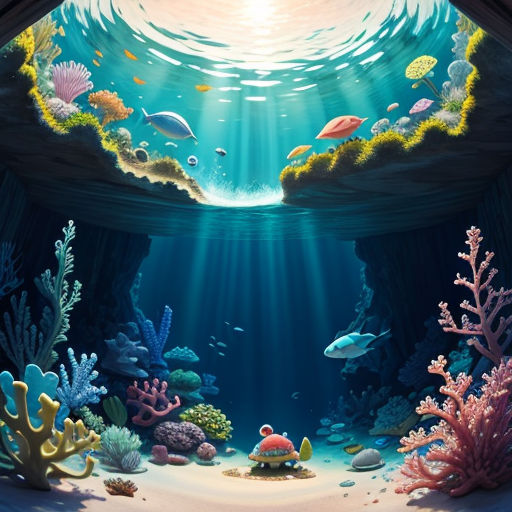 a painting of a underwater scene with corals and fish in the water and sunlight coming through the water
