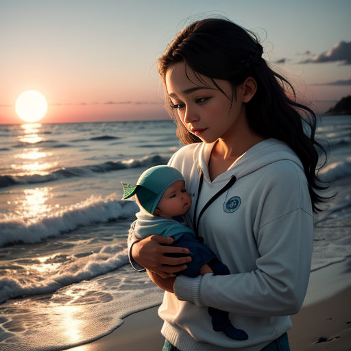a woman holding a baby on the beach at sunset with the sun setting in the background and the ocean in the foreground