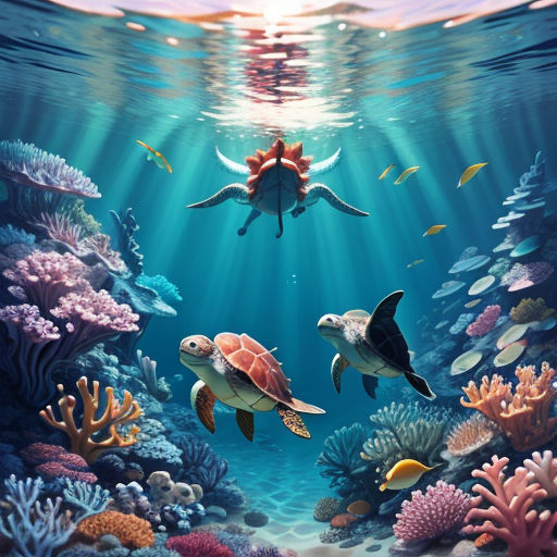 a painting of two turtles swimming in the ocean with corals and other fish around them, with sunlight streaming through the water