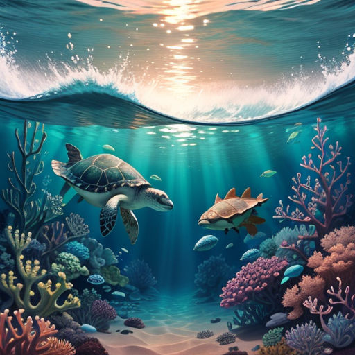 a painting of a turtle and a turtle swimming in the ocean with corals and other sea life around it