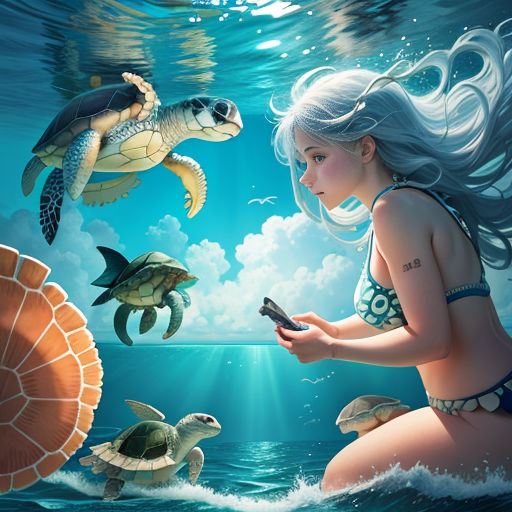 a girl in a bikini is looking at a phone while two turtles swim by her in the ocean with a sky background