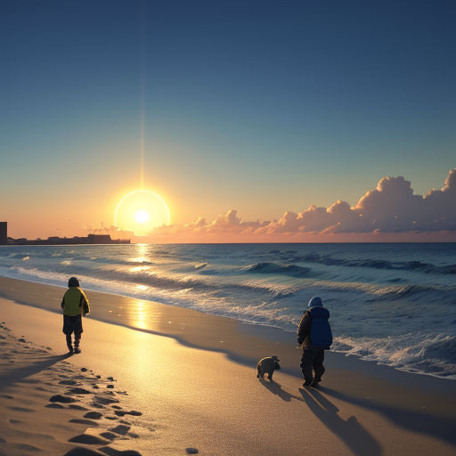a couple of people walking down a beach next to the ocean at sunset with a dog on the beach