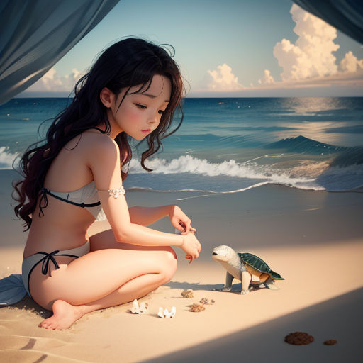 a girl in a bikini sitting on the beach with a turtle on the sand and a bird on the beach