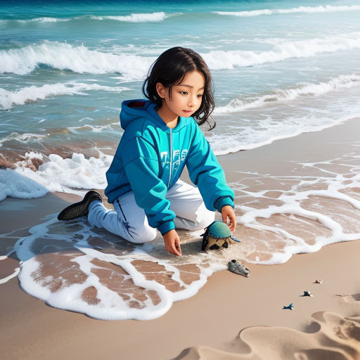 a young girl playing with a turtle on the beach with waves crashing in the background and a blue sky