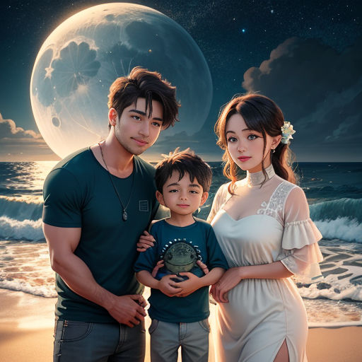a man and woman standing next to a boy on a beach under a full moon sky with the moon rising
