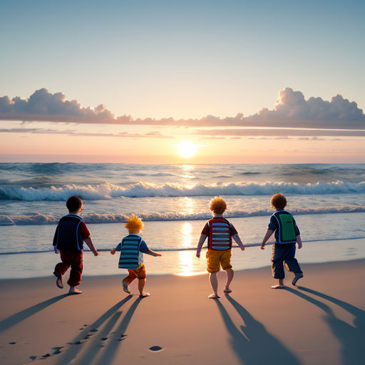 a group of children walking along a beach holding hands and walking towards the ocean at sunset or sunrise time