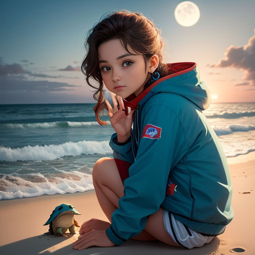 a girl kneeling down on a beach next to a turtle and a magnifying glass in her hand