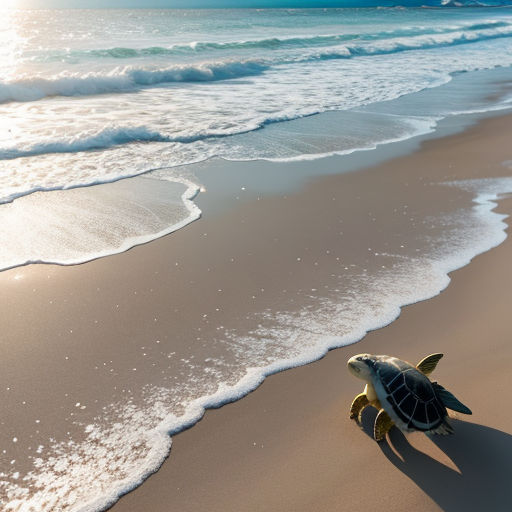 a turtle is walking along the beach towards the water's edge, with the sun shining on the water