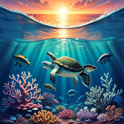 a turtle swimming in the ocean with corals and other marine life around it, with a sunset in the background