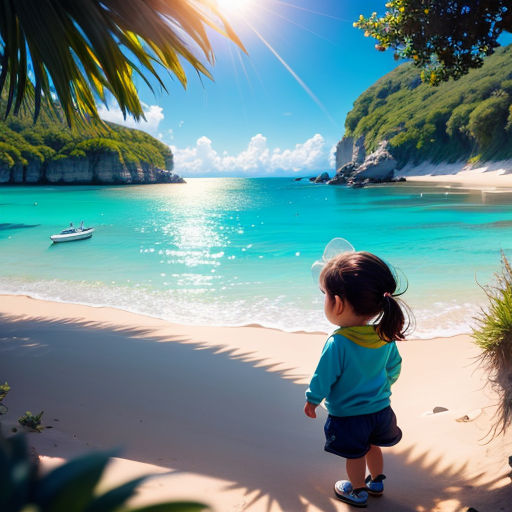 a little girl standing on a beach looking at the water and boats in the water behind her, with a sun shining on the water