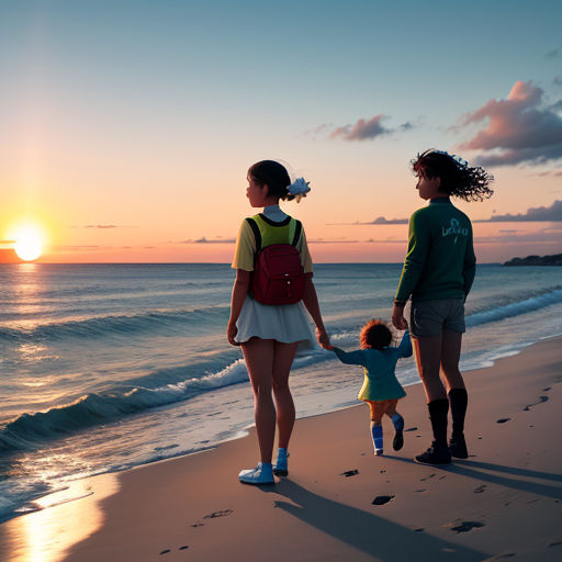 a woman and a man holding hands while walking along the beach with a child on their lap and a baby on the other side