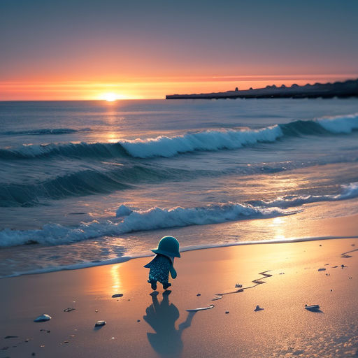 a little boy walking on the beach at sunset with the sun setting in the background and the ocean in the foreground