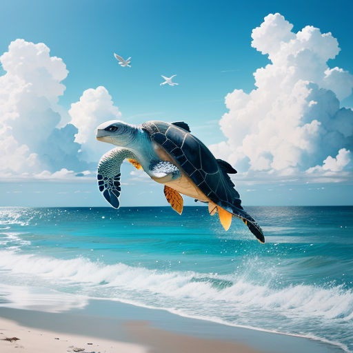 a painting of a turtle flying over the ocean on a beach with a bird flying in the sky above