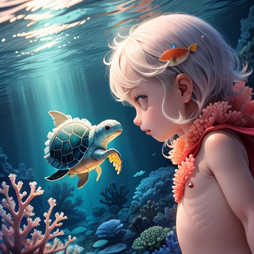 a little girl looking at a turtle in the ocean with a fish in her mouth and a fish in her mouth