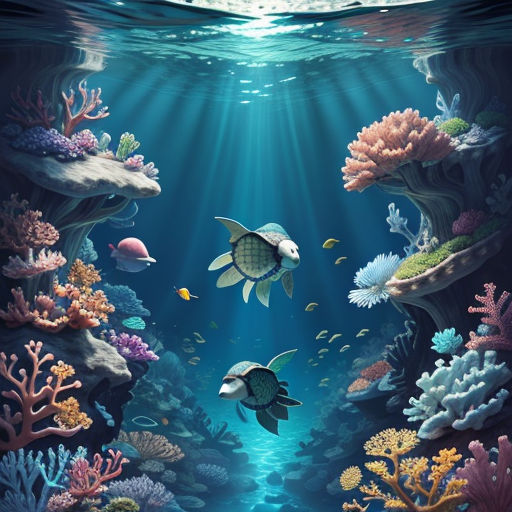 a painting of a sea turtle swimming in the ocean with corals and other marine life around it, with sunlight streaming through the water