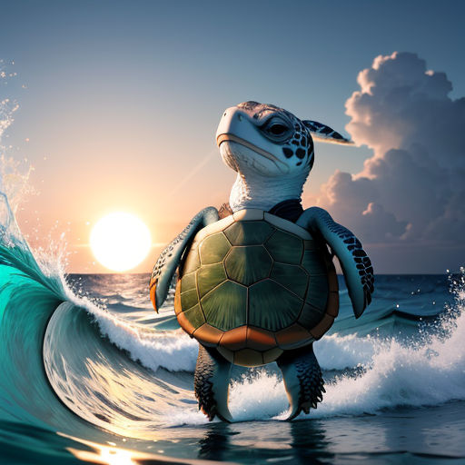 a turtle riding a wave in the ocean at sunset or sunrise with the sun behind it and the ocean waves behind it
