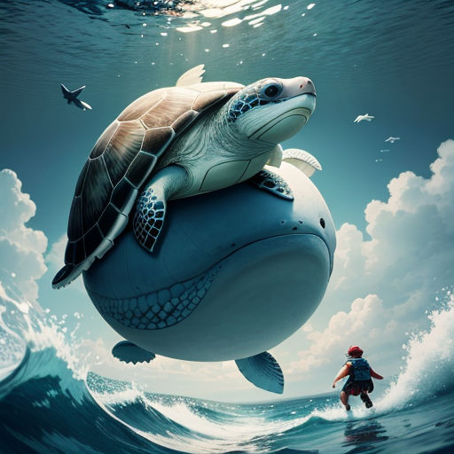 a man standing on top of a turtle in the ocean next to a man in a red hat and a red shirt