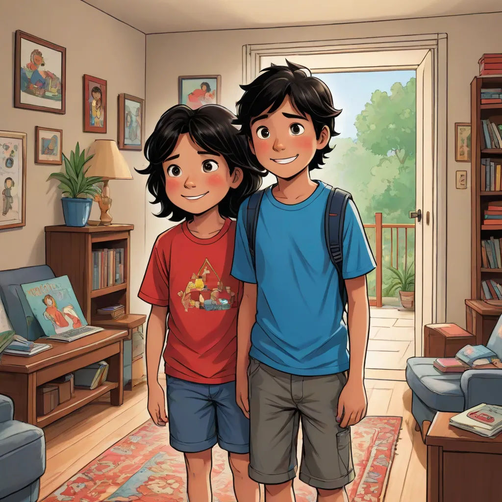 a couple of kids standing in a living room together in front of a book shelf and a door with a window, Brothers Hildebrandt, lyco art, a comic book panel, comic cover art