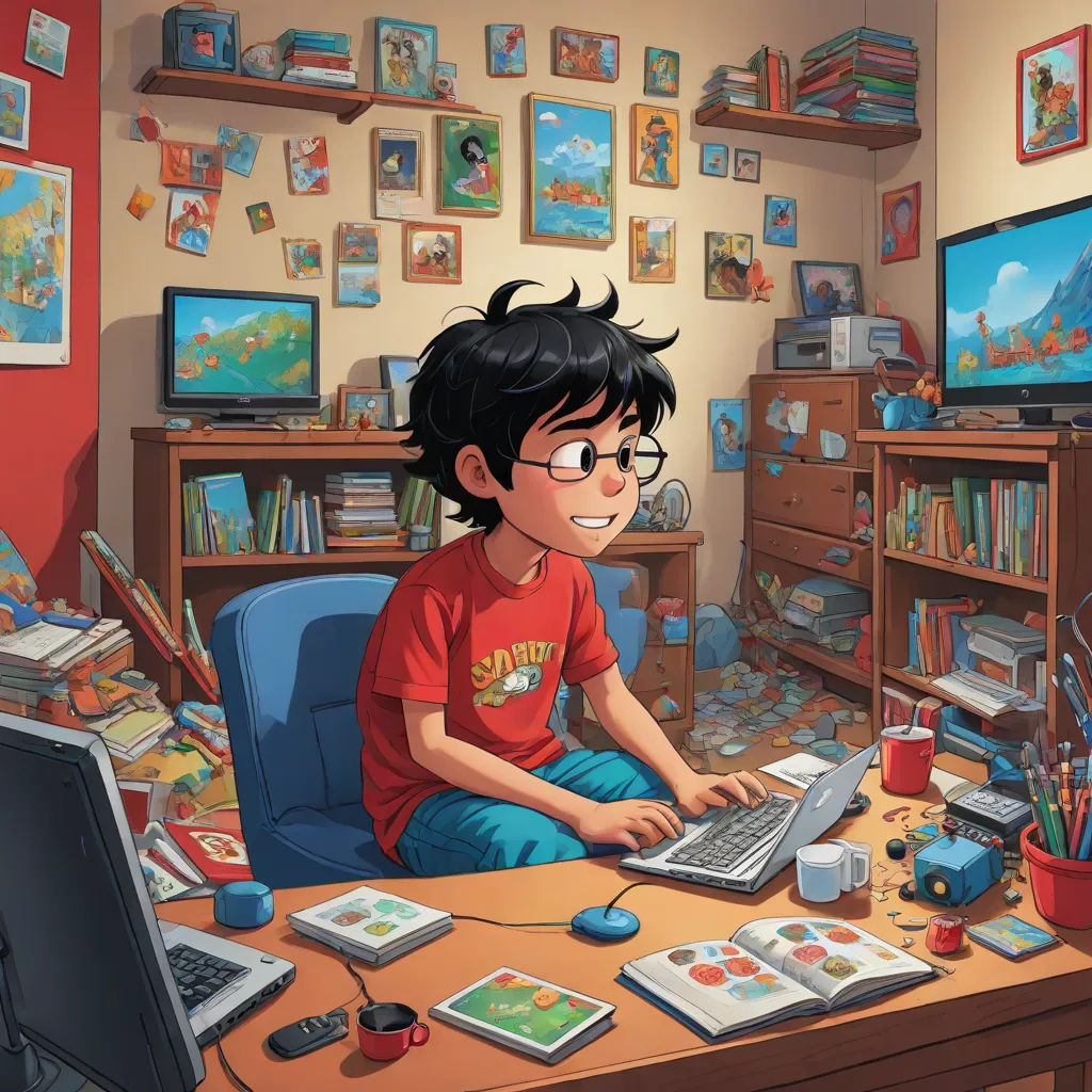 a boy sitting at a desk with a laptop computer in front of him and a bookcase full of books, Asaf Hanuka, computer art, computer graphics, art station