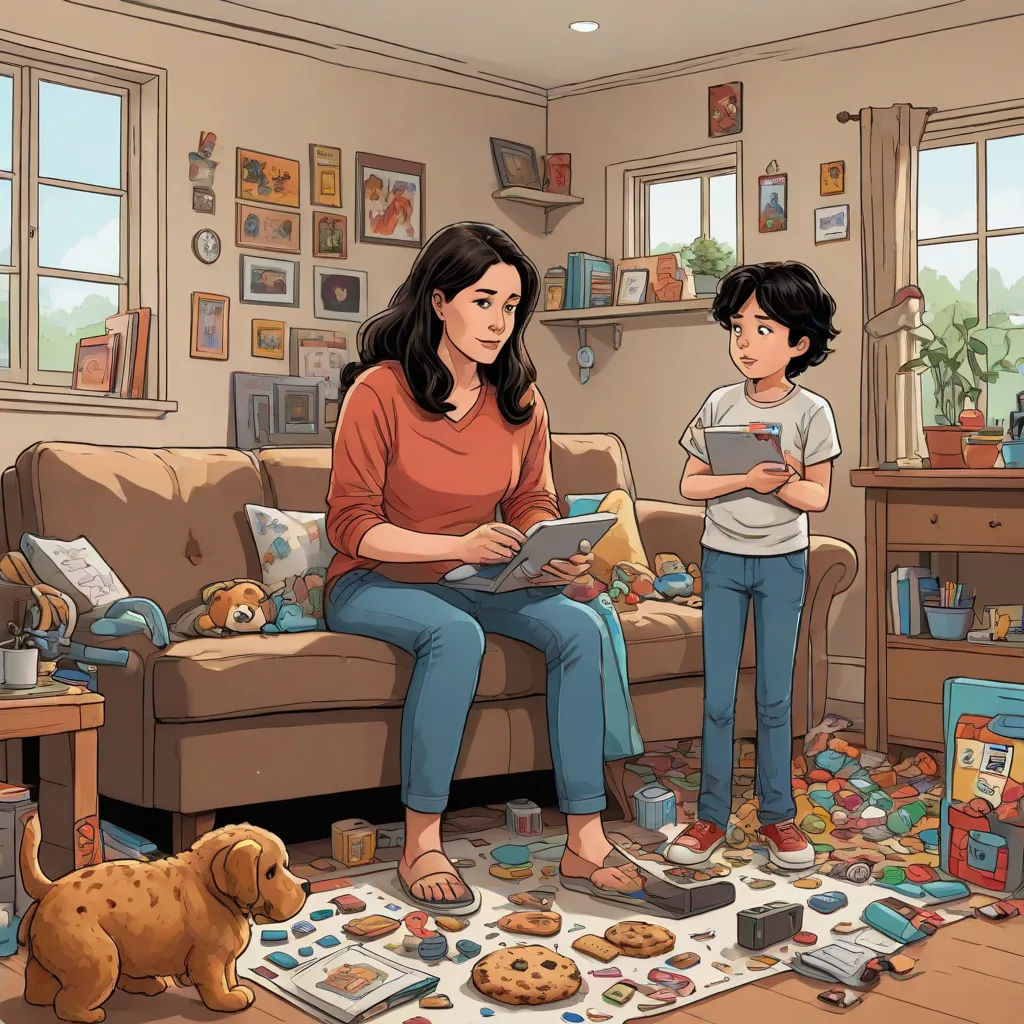 a woman and a boy are sitting on a couch in a living room with toys and books on the floor, Asaf Hanuka, american scene painting, a storybook illustration, storybook illustration