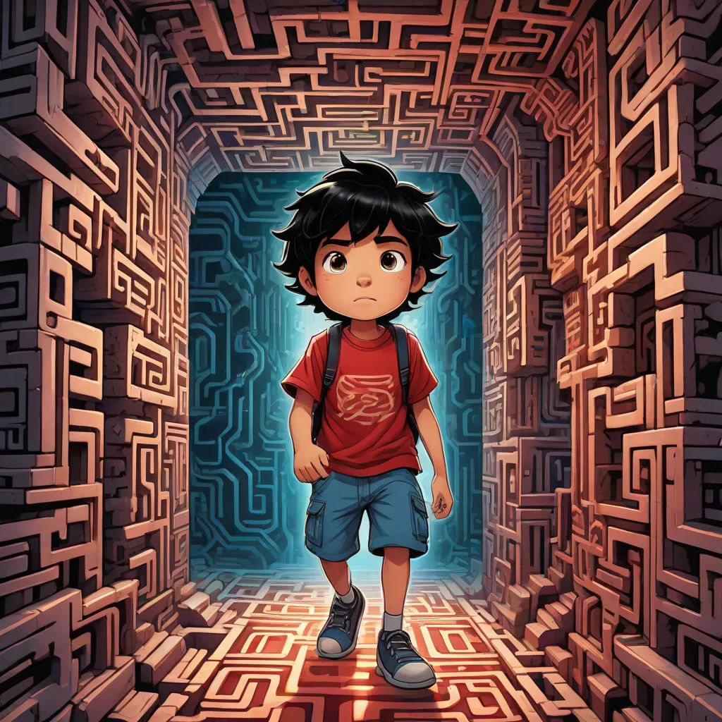 a boy is walking through a maze in a red shirt and blue shorts with a backpack on his shoulder, Diego Gisbert Llorens, abstract illusionism, poster art, 2 d game art