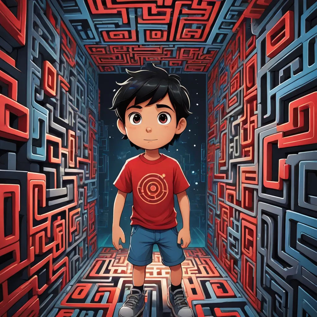 a boy standing in a maze with a red shirt on and a red shirt on his chest and a red shirt on his chest, Diego Gisbert Llorens, cubo-futurism, poster art, promotional image