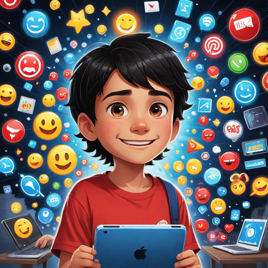 a boy holding a tablet in front of a bunch of emoticions flying around him and smiling at the camera, Asaf Hanuka, digital art, a character portrait, comic cover art
