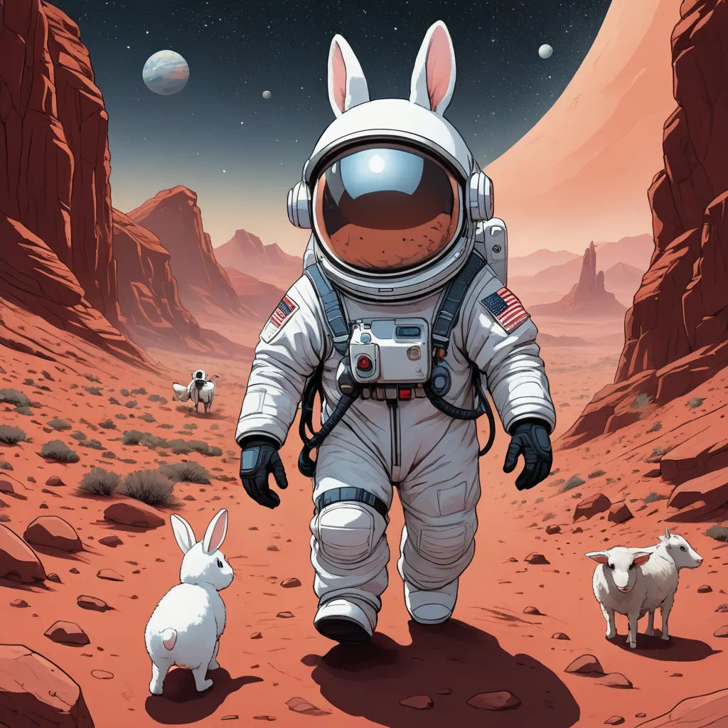 a rabbit in an astronaut suit walking through a desert area with a rabbit in the foreground and a man in the background, space art, poster art, Chris LaBrooy, josan gonzales and dan mumford