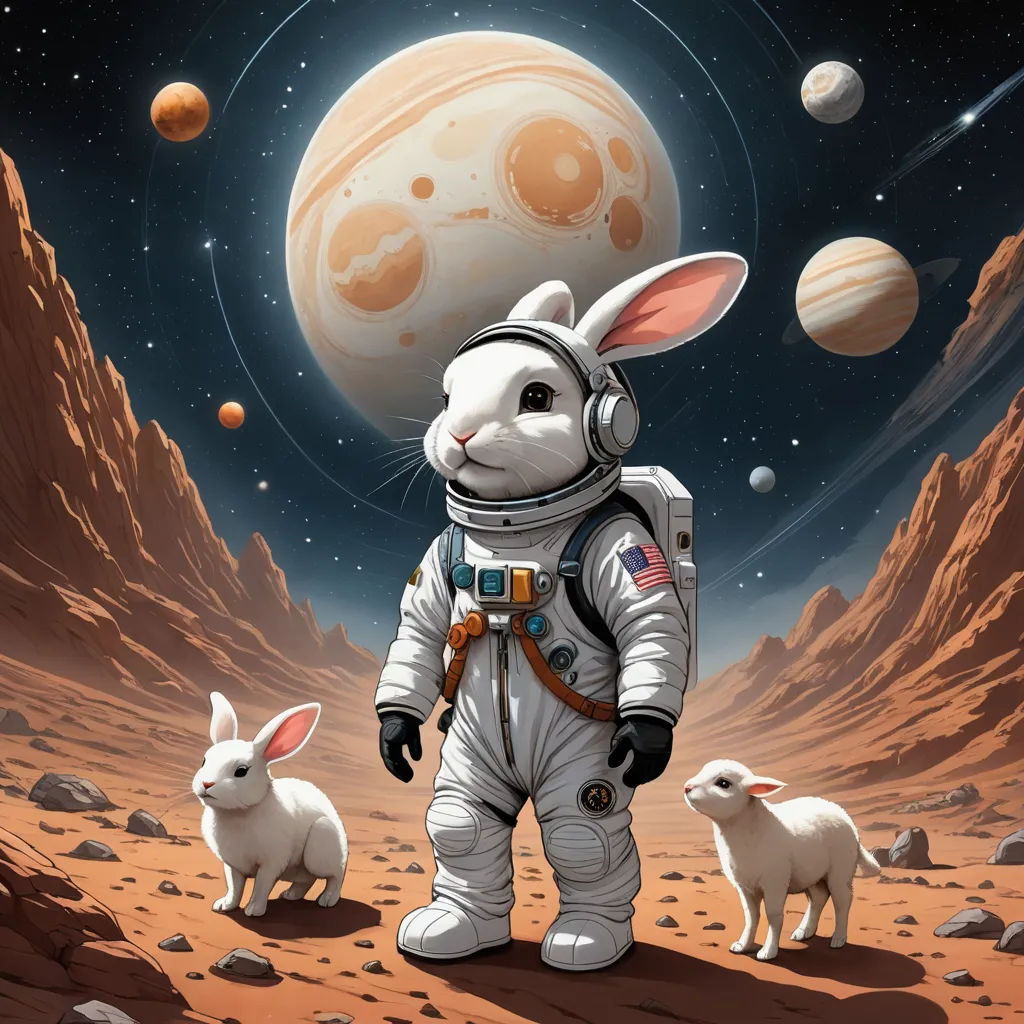 a rabbit in an astronaut suit standing in the desert with two rabbits nearby and planets in the background,, space art, a storybook illustration, Chris LaBrooy, highly detailed digital painting