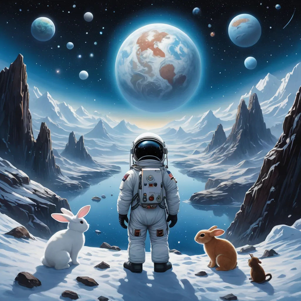 a painting of an astronaut standing in the snow with rabbits and a planet in the background with mountains and stars, space art, a surrealist painting, David A Hardy, space