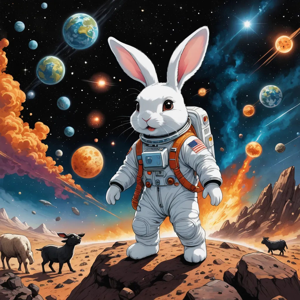 a rabbit in an astronaut suit standing on a rocky surface with planets in the background and a goat in the foreground, space art, an album cover, Chris LaBrooy, josan gonzales and dan mumford