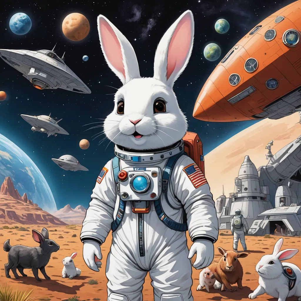a rabbit in a space suit standing in front of a space station with animals and a spaceship in the background, space art, a storybook illustration, Chris LaBrooy, josan gonzales and dan mumford