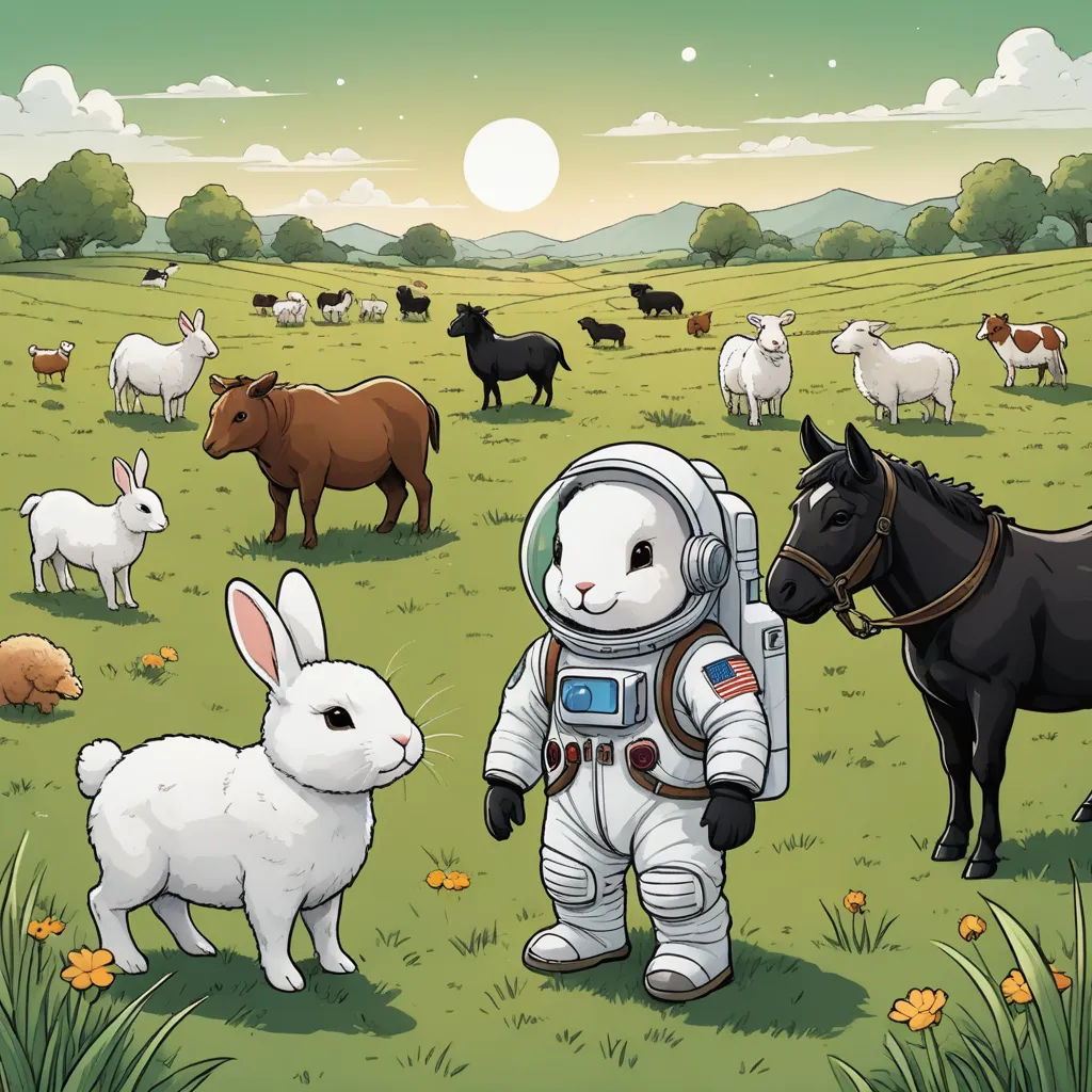 a cartoon of a man in a space suit standing in a field with animals and a horse in the background, space art, a storybook illustration, Chris LaBrooy, josan gonzales and dan mumford