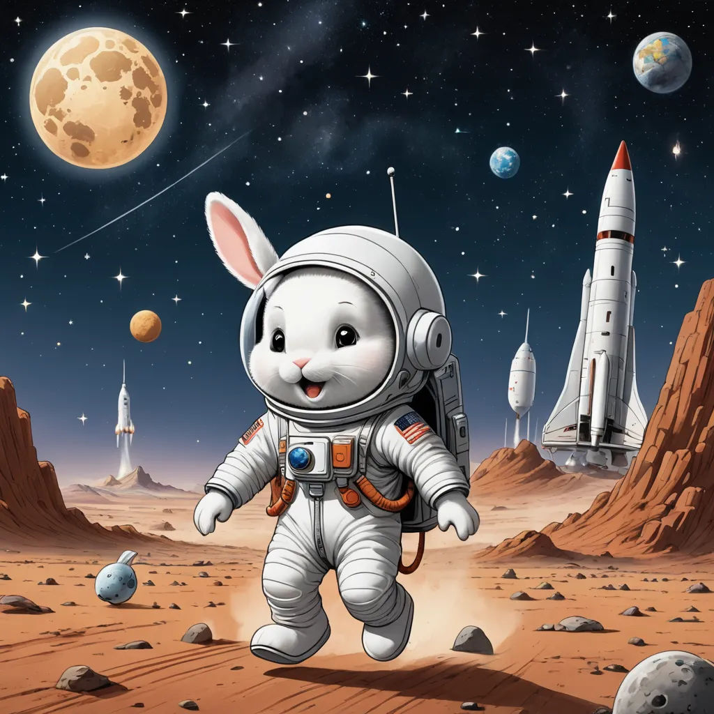 a rabbit in an astronaut suit is in the desert with a rocket and a space shuttle in the background, space art, a storybook illustration, Chris LaBrooy, highly detailed digital art