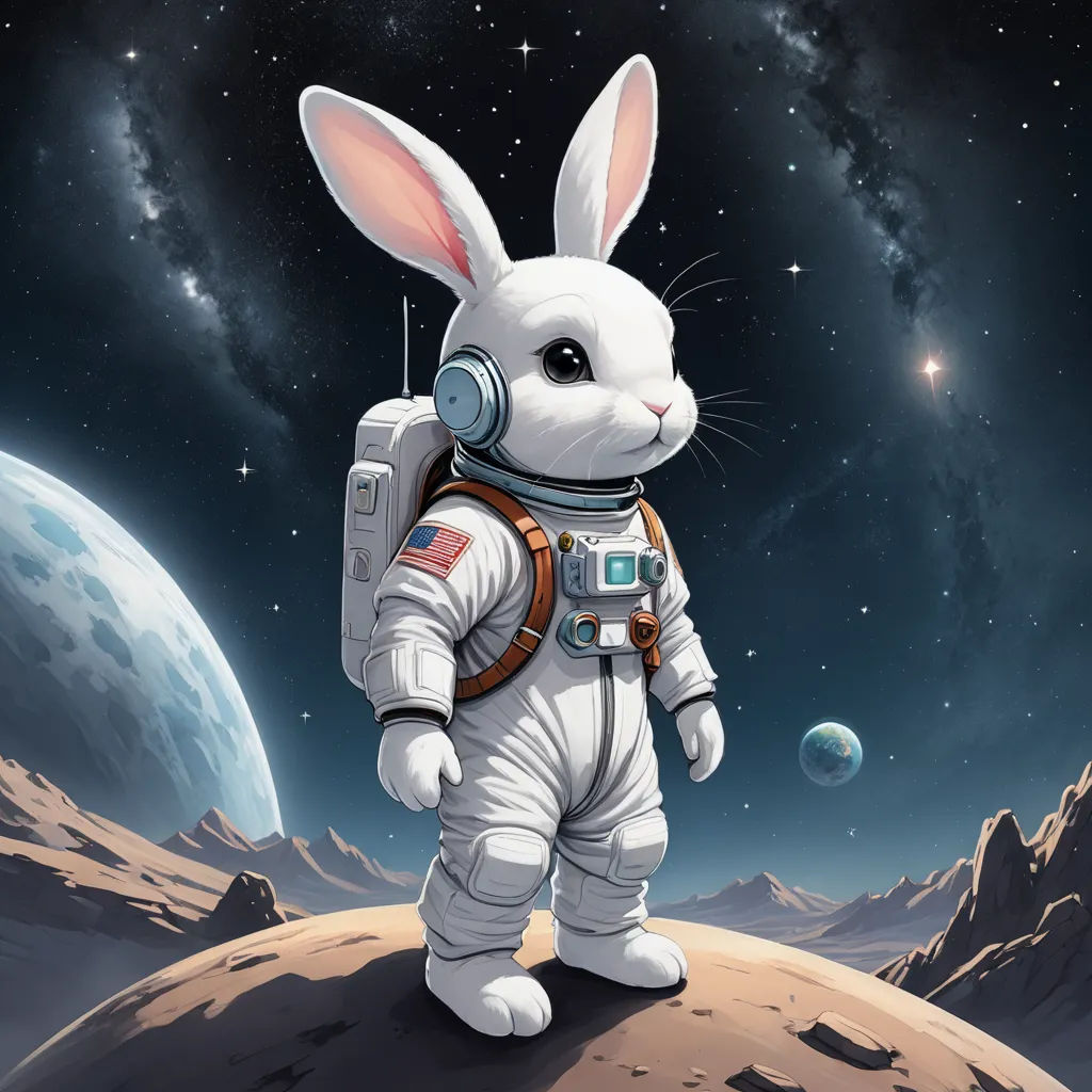 a rabbit in an astronaut suit standing on a planet with a space shuttle in the background and a distant planet in the foreground, space art, a storybook illustration, Chris LaBrooy, highly detailed digital painting