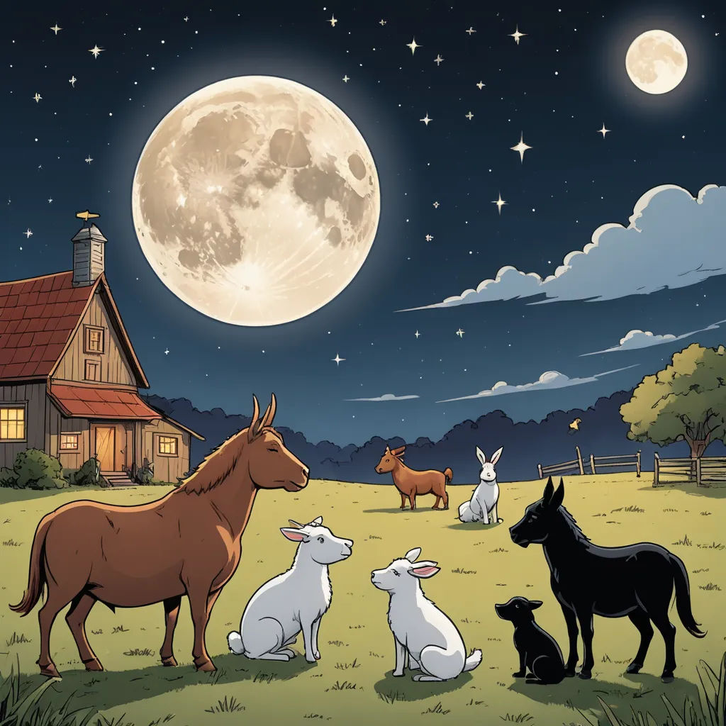 a group of animals sitting in a field under a full moon with a barn in the background and a full moon in the sky, magical realism, a storybook illustration, Chris Ware, storybook illustration
