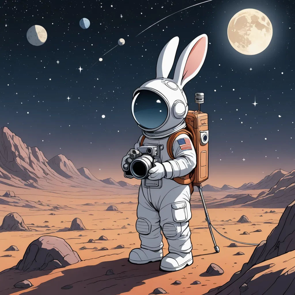 a rabbit in a space suit is standing on a rocky surface with a camera in his hand and a planet in the background, space art, an album cover, Asaf Hanuka, josan gonzales and dan mumford