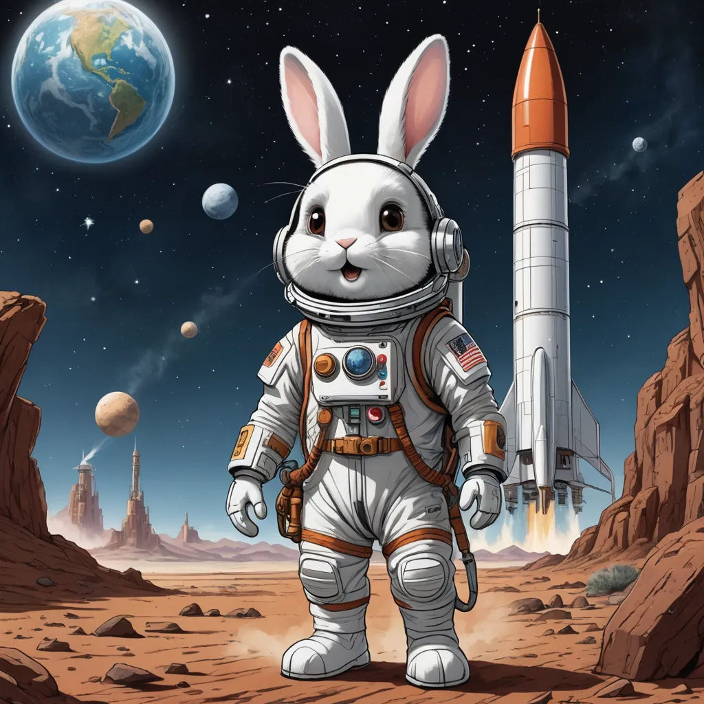 a rabbit in a space suit standing in front of a rocket and a planet in the background with a rocket ship in the sky, space art, a storybook illustration, Chris LaBrooy, josan gonzales and dan mumford