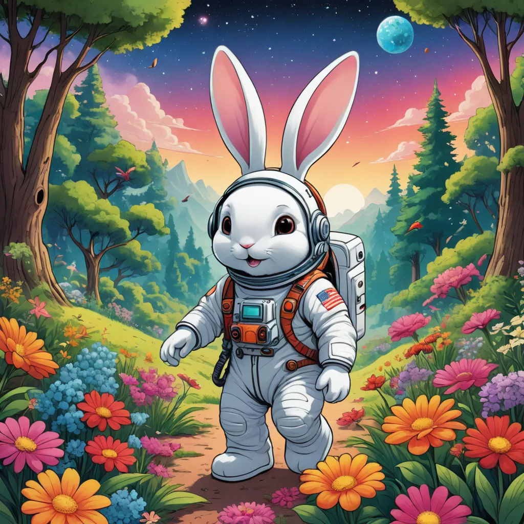 a rabbit in a space suit standing in a field of flowers and trees with a full moon in the background, space art, a storybook illustration, Chris LaBrooy, josan gonzales and dan mumford