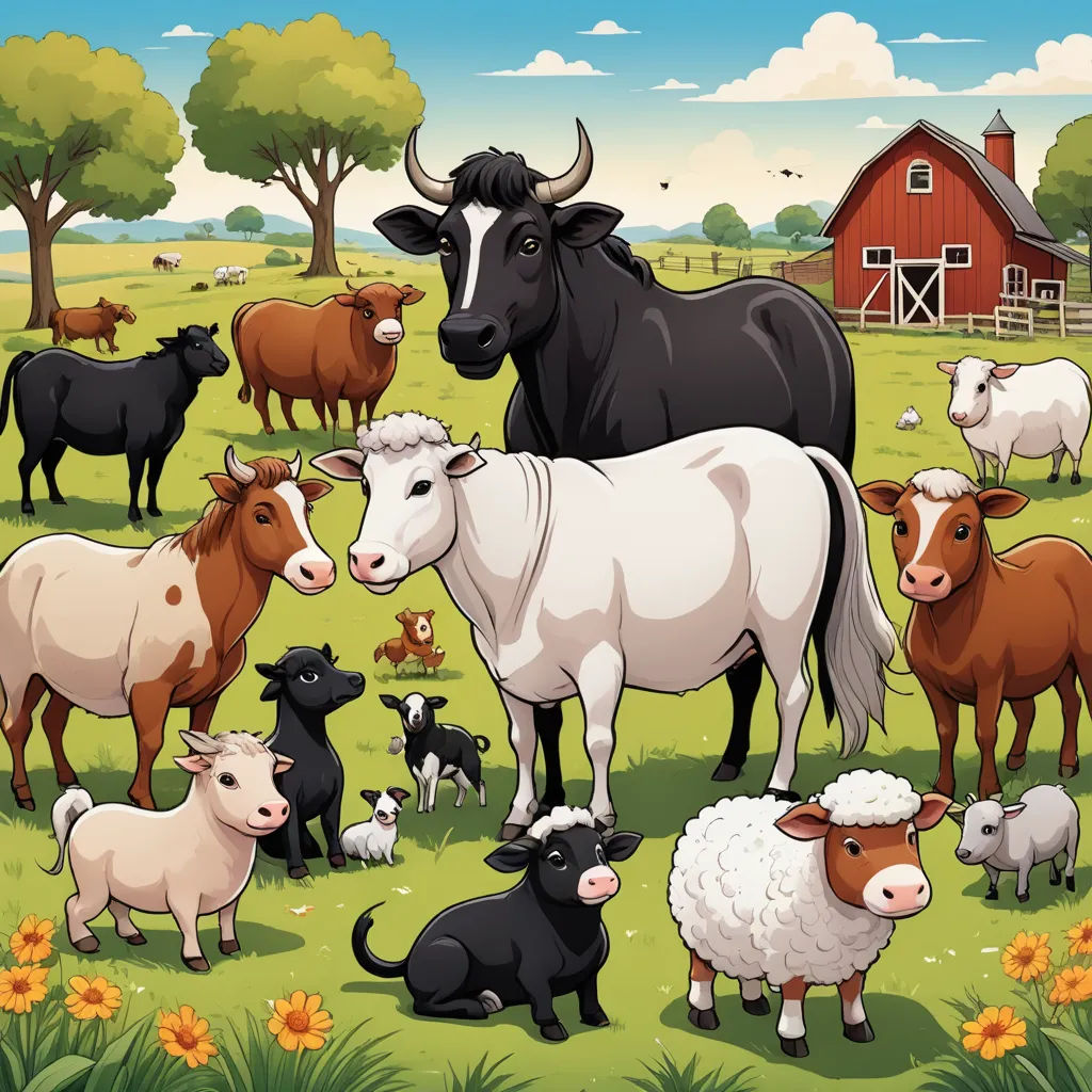 a herd of cows and sheep standing in a field with a barn in the background and a red barn in the background, synthetism, a storybook illustration, Andries Stock, furaffinity